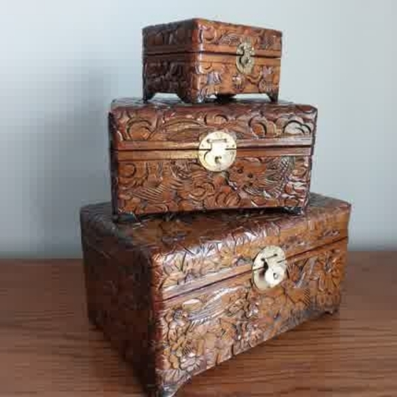 Hand-Carved Floral Wood Nesting Boxes - Brown - Picture 5 of 16